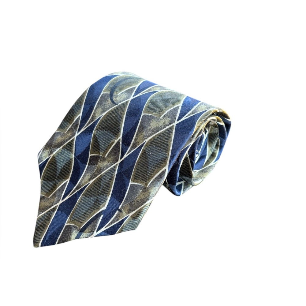 Palani Silk Tie Geometric‎ Abstract Pattern Navy Gold Made in USA Mens Necktie